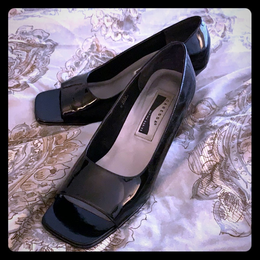 Beautiful patent leather open toe heels